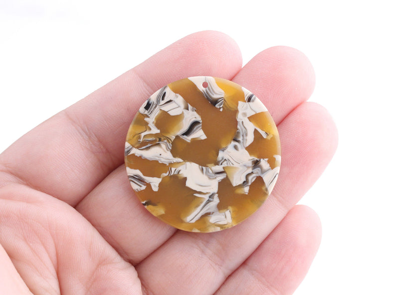 4 Large Flat Discs, Sunflower Yellow Tortoise Shell with White, Cellulose Acetate, 35mm
