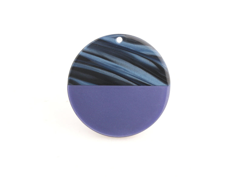 2 Indigo Blue Zebra Stripe Beads, 1.5" Circle Charms, Violet Blue Beads, Blue Tortoise Shell Charm, Blue Resin Earring Parts, CN149-35-2BUU