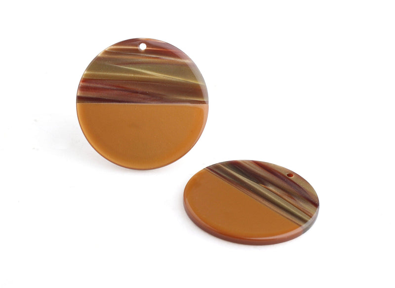 2 Acetate Pendant with Brown Zebra Stripes, 1.5 Inch Discs, Large Round Charm, Golden Brown Tortoise Shell Bead, Gold Stripes, CN152-35-2BRB