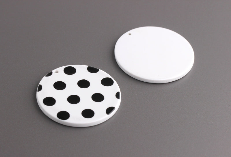 4 Flat Disc Pendants in White Black Dots, 35mm Disc Blanks, Polka Dot Beads, Large Circle Findings, White Circle Charms, CN103-35-WDOT