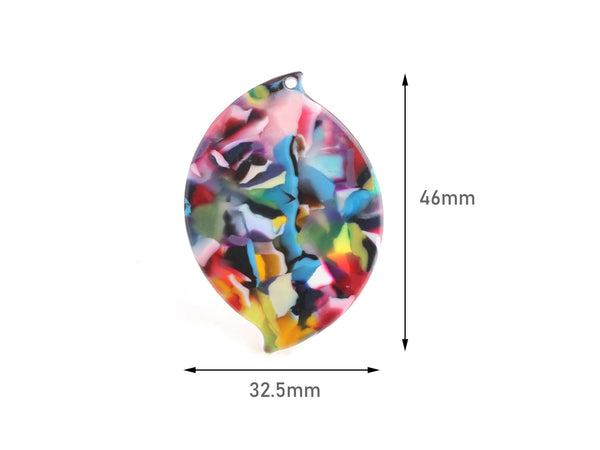 2 Large Oval Pendants, Colorful Rainbow Confetti, Cellulose Acetate, 46 x 32.5mm