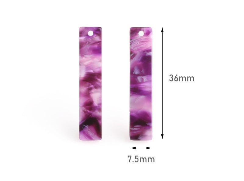 4 Purple Marble Earring Dangles, Dark Purple Tortoise Shell, Flat Vertical Bar Charm, Purple Lucite Charm, Smooth Bar Beads, BAR042-36-PL01