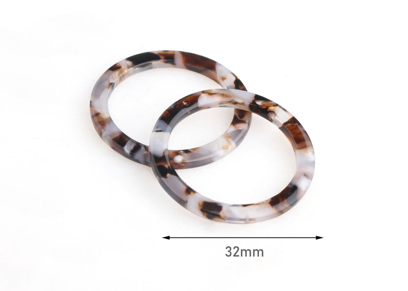 2 Connector Rings with 1 Hole, Smoky Brown Tortoise Shell, Cellulose Acetate, 32mm