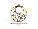 2 Round Circle Pendants with Ornate Scrollwork, Faux Tortoise Shell, Fretwork Beads, Cellulose Acetate, 40 x 38mm