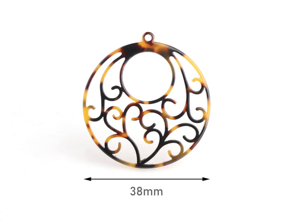 2 Round Circle Pendants with Ornate Scrollwork, Faux Tortoise Shell, Fretwork Beads, Cellulose Acetate, 40 x 38mm