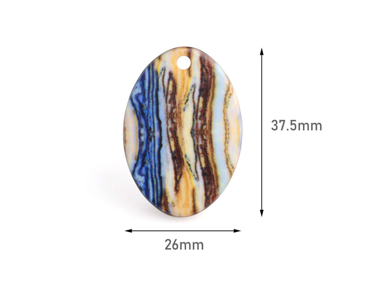 4 Thick Oval Discs with Brown Blue Stripes, Printed Acrylic Earring Blanks, Large Hole Charms, Keychain Blank, Organic Colors, VG039-37-MC06