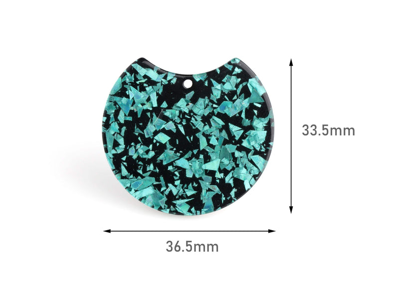 2 Large Discs Charms, Metallic Green Glitter Acrylic Earring Components, Resin Green Flakes, Glitter Tortoise Shell Beads, CN172-37-BKNF