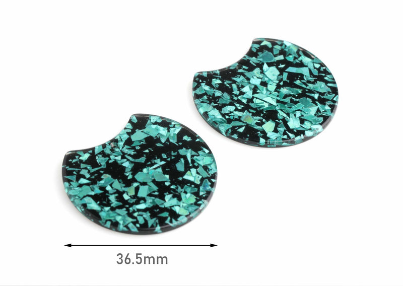 2 Large Discs Charms, Metallic Green Glitter Acrylic Earring Components, Resin Green Flakes, Glitter Tortoise Shell Beads, CN172-37-BKNF