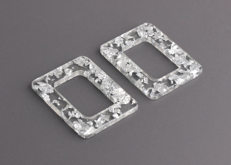 2 Mini Rectangles in Transparent Acrylic with Silver Flakes, Sparkle Acrylic, Clear Plexiglass Earring, Silver Glitter Acrylic, DX064-35-CSF