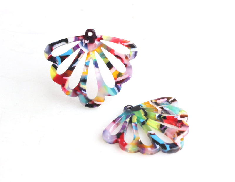 2 Fairy Wing Charms, Rainbow Confetti Marble, Great for Ear Jackets, Acetate, 35.5 x 30mm