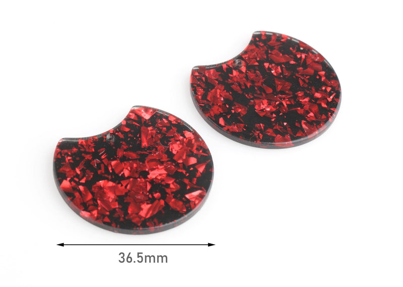 2 Glitter Acrylic Half Circle Findings, Monogrammable Blank Charms, Christmas Red Glitter Earring Findings, US Seller, CN176-37-BKRF