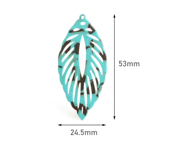 2 Large Peacock Feather Pendants, Turquoise Green and Brown, Cellulose Acetate, 53 x 24.5mm