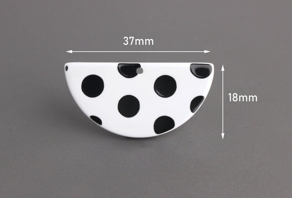 2 Half Moon Charms, Black and White Polka Dots, Cellulose Acetate, 37 x 18mm