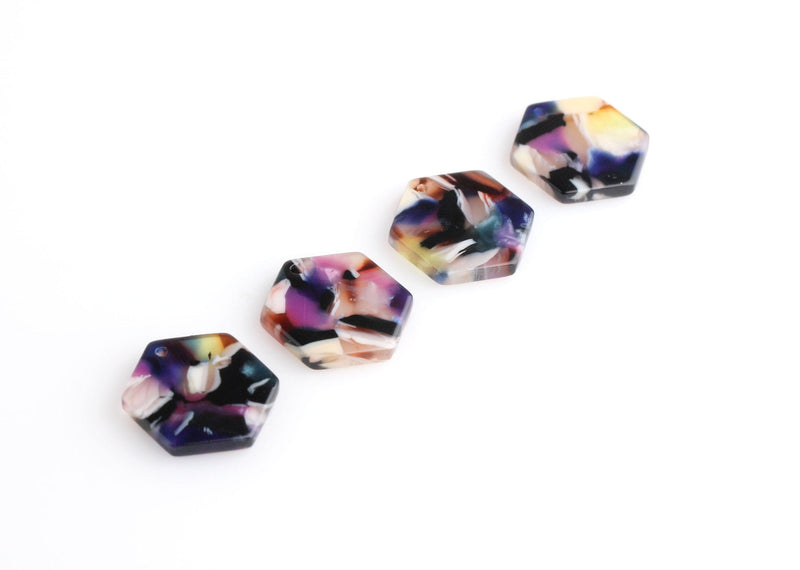 4 Small Hexagon Charms, Rainbow Acrylic Earring Blanks, Flat Colorful Acrylic Discs, Pretty Tortoise Shell Jewelry Supplies, DX084-17-KMC