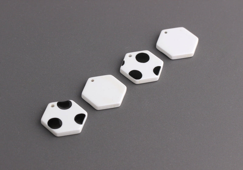 4 Acrylic Charms with Polka Dots, Hex Beads, Geometric Charms White Black Dots, Hexagon Earring Components, One Sided Charms, DX072-17-WDOT