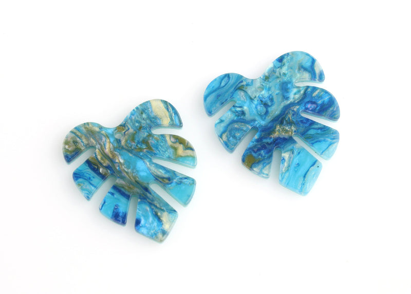 2 Light Blue Charms, Palm Leaf Earring Supplies, Acrylic Jewelry Findings, Monstera Leaf Pendant, Blue Gold Marble Charms, FW036-23-IM03