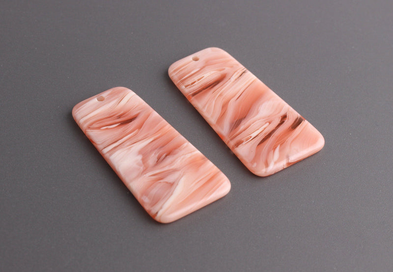 2 Trapezoid Shape Charms, Coral Pink Blanks, Wavy Stripes, Cellulose Acetate, 37 x 19mm