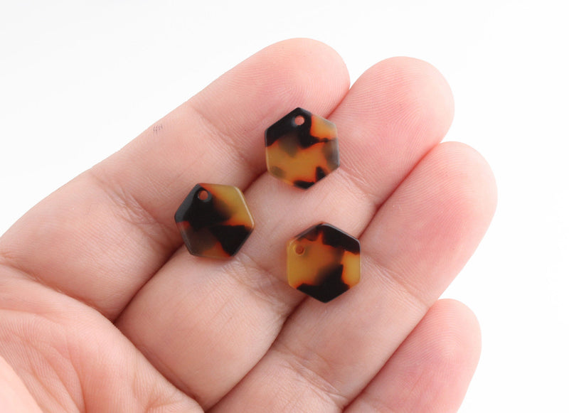 4 Tiny Geometric Hexagons Charms, Tortoiseshell, Cellulose Acetate, 12 x 11mm