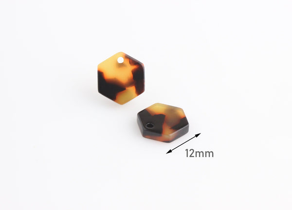 4 Tiny Geometric Hexagons Charms, Tortoiseshell, Cellulose Acetate, 12 x 11mm