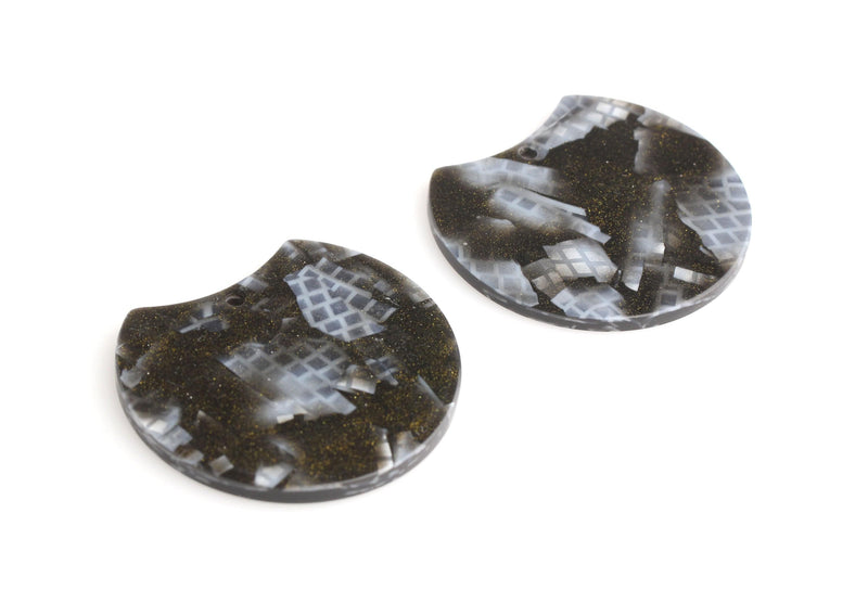 2 Black Snakeskin Acrylic Half Circle Blanks, Half Discs, Gold Black Glitter Charm, Flat Round Circle Cutout, Crocodile Skin, CN187-37-BK05