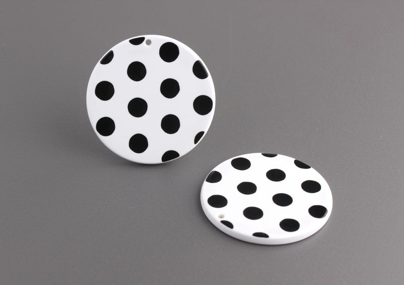4 Flat Disc Pendants in White Black Dots, 35mm Disc Blanks, Polka Dot Beads, Large Circle Findings, White Circle Charms, CN103-35-WDOT