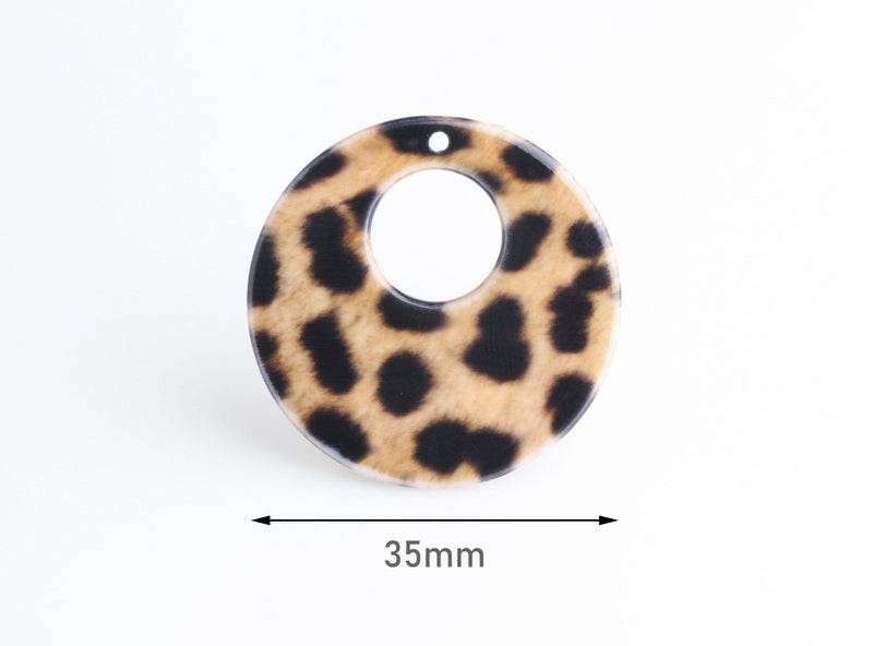 2 Animal Print Beads, Printed Acrylic Earring Blanks, Brown Cheetah Print, Thin Flat Discs, Monogramming Blanks, Beveled Edge, RG075-35-LP01