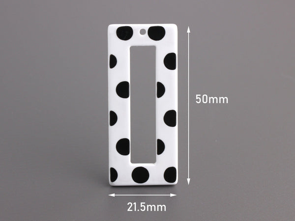 2 Polka Dot Beads, Chunky Earring Component, Cellulose Acetate Charm, White Black Dots, Plastic Jewelry Part, 2 Inch Rectangle, DX076-50-WDOT