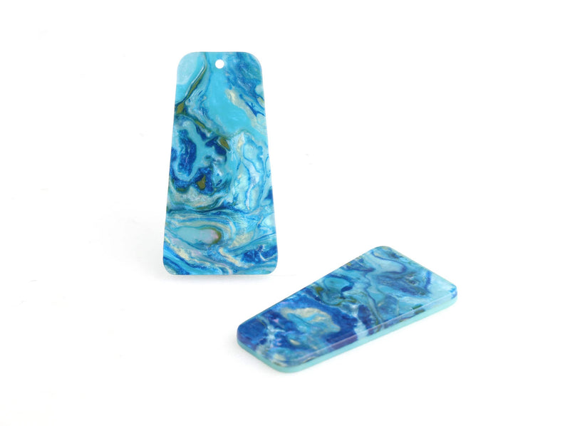 2 Trapezoid Pendants, Light Blue Charms, Resin Earring Components, Blue Gold Marble Pendant, Impressionist Jewelry Findings, DX077-38-IM03