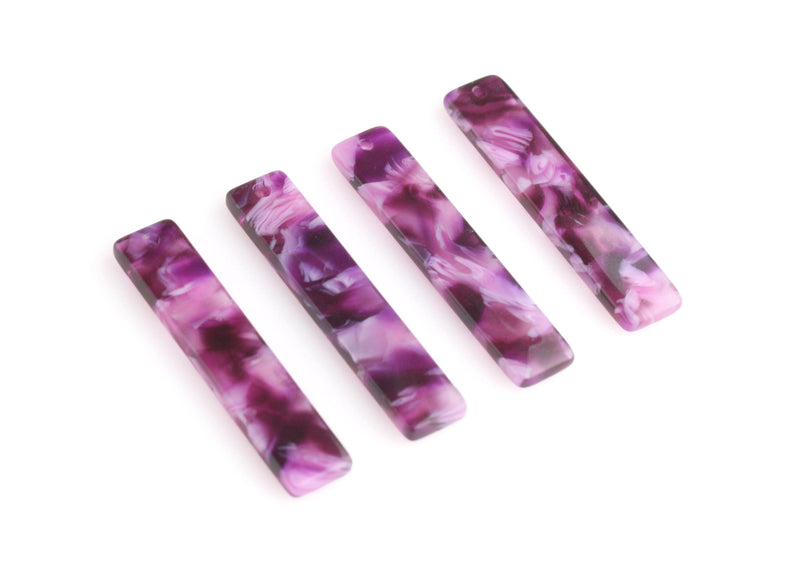 4 Purple Marble Earring Dangles, Dark Purple Tortoise Shell, Flat Vertical Bar Charm, Purple Lucite Charm, Smooth Bar Beads, BAR042-36-PL01