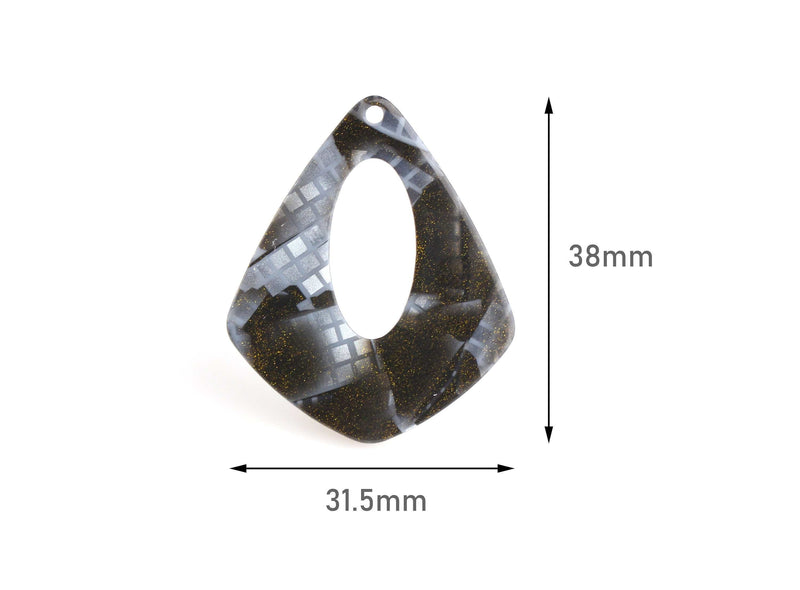 4 Black Snakeskin Flat Teardrop Charm, Gold Glitter Earring Pendants, Pendulum Dangle, Chunky Acrylic Teardrop Shape, TD048-38-BK05