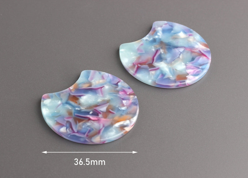 2 Flat Circle Blanks in Watercolor Tortoise Shell Supply, Semi-Circle Charms, Colorful Resin Pour, Tortoise Earring Parts, CN195-37-MC05