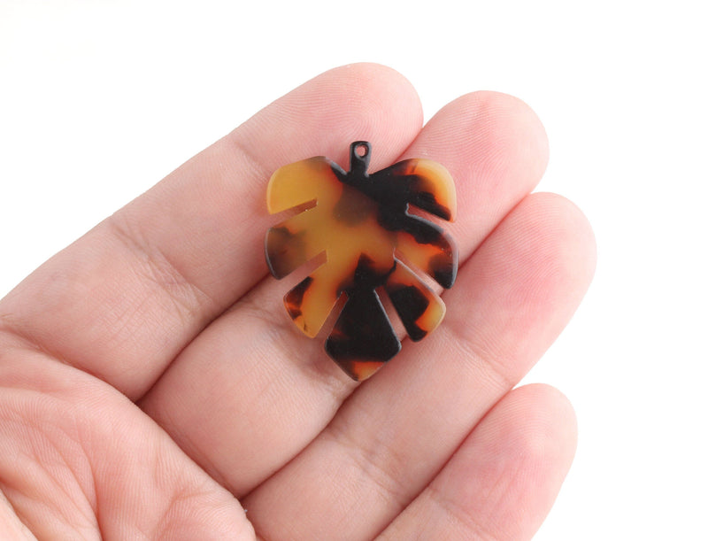 2 Small Monstera Leaf Charms, Tortoise Shell, Cellulose Acetate, 30 x 24.25mm