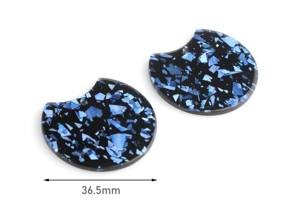 2 Black Acrylic Half Circle with Metallic Blue Foil, Glitter Acrylic Shapes, Resin Blue Flakes, Black Tortoise Shell Pendant, CN171-37-BKUF