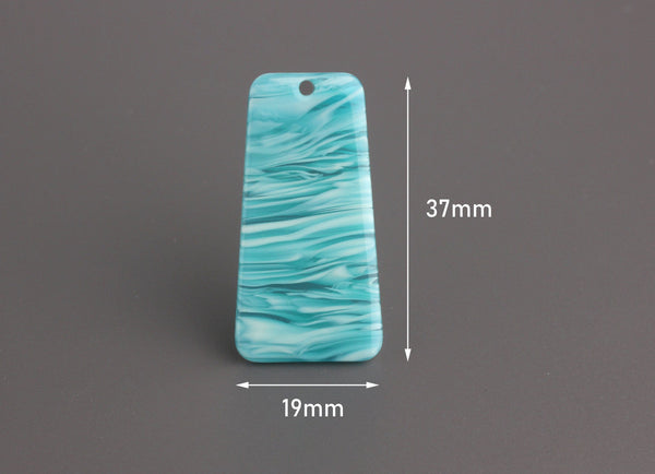 2 Turquoise Green Charms, Trapezoid Shape, Flat Rectangle Beads, Wavy Stripes, Cellulose Acetate, 37 x 19mm