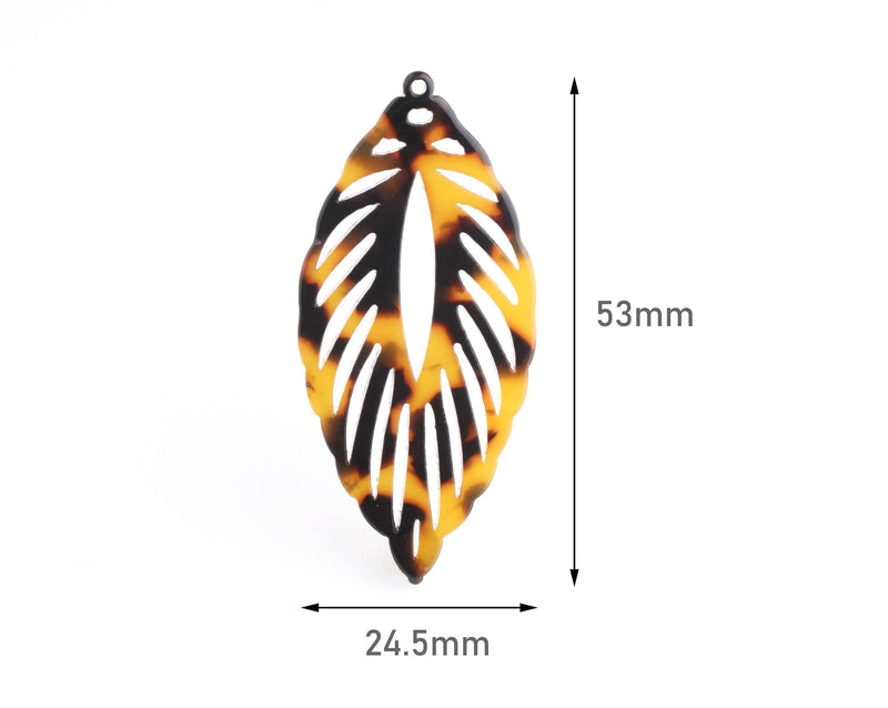 2 Large Feather Charms in Tortoise Shell, Cellulose Acetate, 53 x 24.5mm