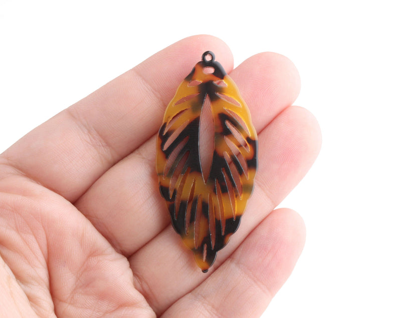 2 Large Feather Charms in Tortoise Shell, Cellulose Acetate, 53 x 24.5mm