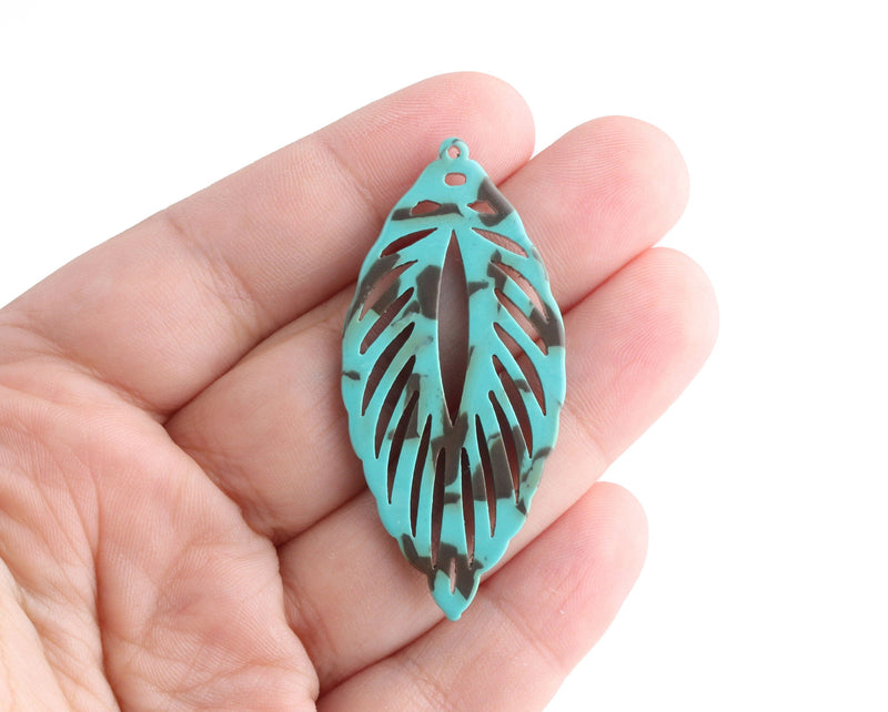2 Large Peacock Feather Pendants, Turquoise Green and Brown, Cellulose Acetate, 53 x 24.5mm