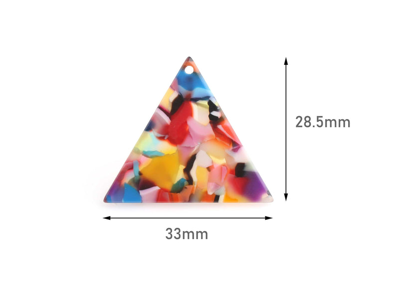 2 Large Triangle Charms, Colorful Rainbow Confetti, Acetate Plastic, 33 x 28.5mm