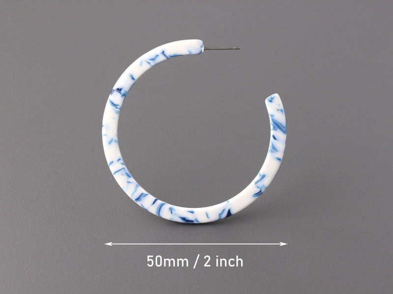 Blue White Hoops Findings, 1 Pair, Tortoise Shell Hoop Earrings, Chinoiserie Jewelry Supply Parts, 2 Inch Resin Hoop Earring, EAR074-50-WU01