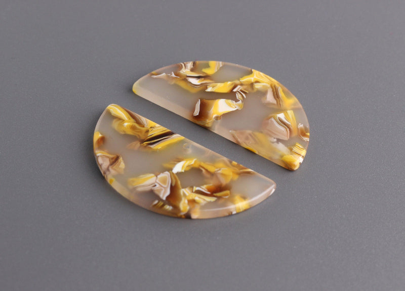 2 Semi Circle Pendants, Translucent Yellow Tortoise Shell, Cellulose Acetate, 37 x 18mm