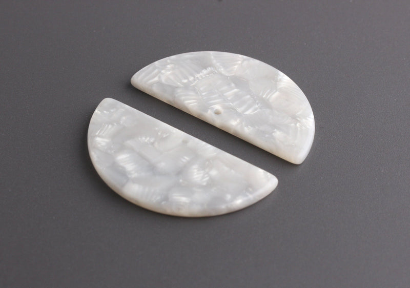 2 White Pearl Semi Circle Pendants, Cellulose Acetate, 37 x 18mm