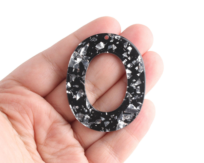 2 Black Glitter Acrylic Beads, Silver Foil Leaf Flakes, Big Oval Ring Pendant, Acrylic Earring Blanks 1 Hole, Sparkly Jewelry, VG043-49-BKSF