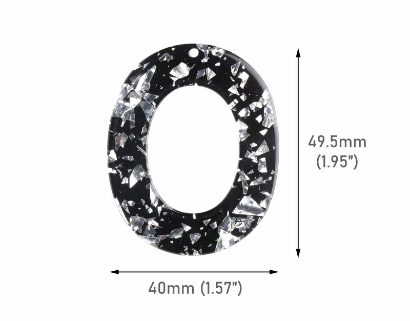 2 Black Glitter Acrylic Beads, Silver Foil Leaf Flakes, Big Oval Ring Pendant, Acrylic Earring Blanks 1 Hole, Sparkly Jewelry, VG043-49-BKSF