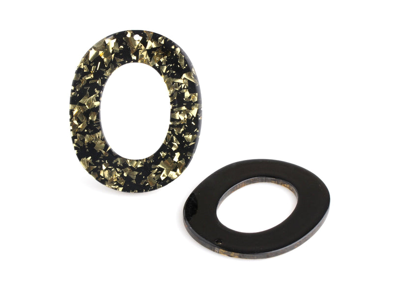 2 Black Glitter Resin Pendants with Gold Foil Leaf Flakes, Oval Ring Link Sparkle Bead, Black Tortoise Shell Necklace Pendant, VG045-49-BKGF