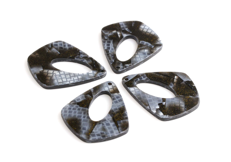4 Black Snakeskin Flat Teardrop Charm, Gold Glitter Earring Pendants, Pendulum Dangle, Chunky Acrylic Teardrop Shape, TD048-38-BK05
