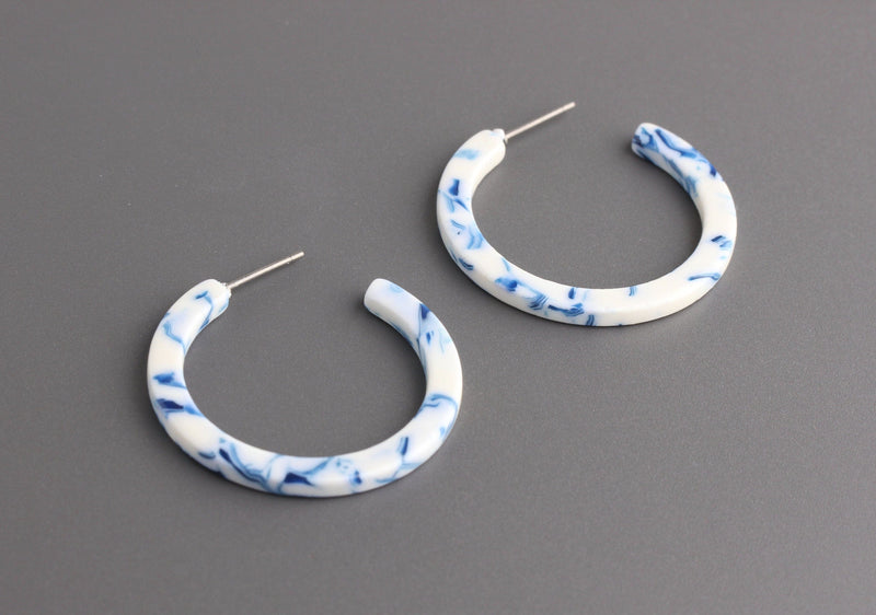 Delft Blue Tortoise Shell Hoop Components, 1 Pair, Acrylic Hoop Earring Parts, Something Blue for Bride, Thin Dainty Earring, EAR075-30-WU01