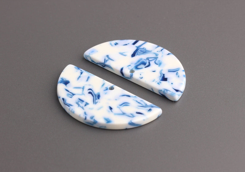 2 Semi Circle Pendants with 1 Hole, 37mm x 18mm, Eco Friendly Acetate Half Circle Findings, Blue White Acrylic Earring Blanks, CN224-37-WU01