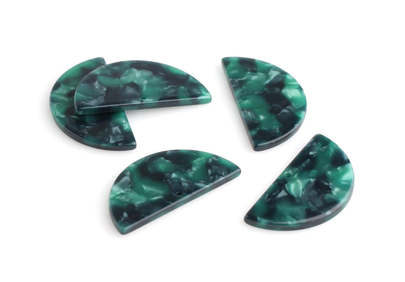 2 Half Moon Pendants, Dark Green Tortoise Shell, Cellulose Acetate, 37 x 18mm