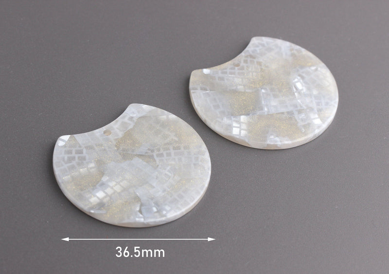 2 Silver Snakeskin Half Circle Findings, Silver Pearl Acrylic Disc, Pale Grey Crocodile Skin Print, Large Half Moon Pendant, CN198-37-GY03