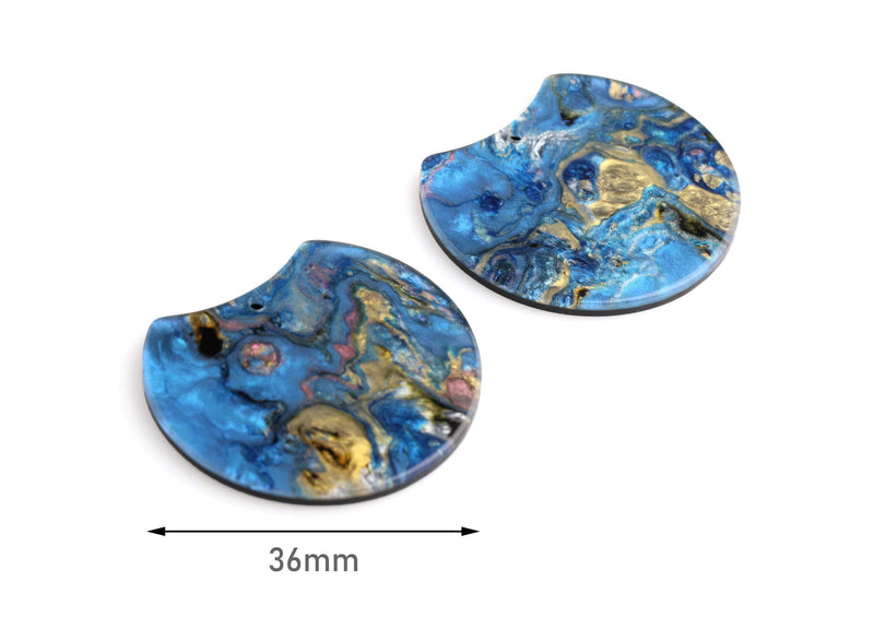 2 Half Circle Findings in Blue Gold Marble Resin, Colorful Acrylic Earring Blanks, Acrylic Pour Jewelry, Flat Circle Discs, CN199-36-IM05